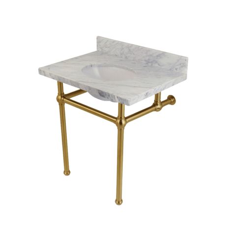 DIY Sink Stand - Cass Makes Home Console Sink Bathroom, Square Bathroom Sink, Carrara Marble Bathroom, Brass Console, Gold Bad, Bathroom Console, Console Bathroom Sink, Carrara Marble Countertop, Console Sink