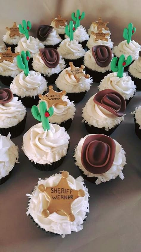 Rodeo Birthday Dessert Table, Cowboy Cupcakes Ideas, Western Birthday Balloons, Cowboy Birthday Cupcakes, Country Theme Cupcakes, My First Rodeo Birthday Cupcakes, Rodeo Themed 1st Birthday Cupcakes, Old Western Party Ideas, Western Cupcakes Ideas