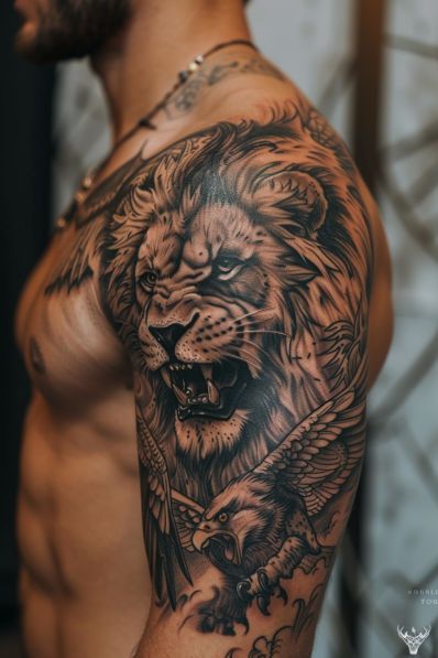 35+ Majestic Lion Tattoo Ideas Lion Arm Tattoo, Lion Shoulder Tattoo, Lion Forearm Tattoos, Lion Tattoo Ideas, Animal Tattoos For Men, Lion Art Tattoo, Best Tattoo Ever, Lion Tattoo Sleeves, Realistic Tattoo Sleeve