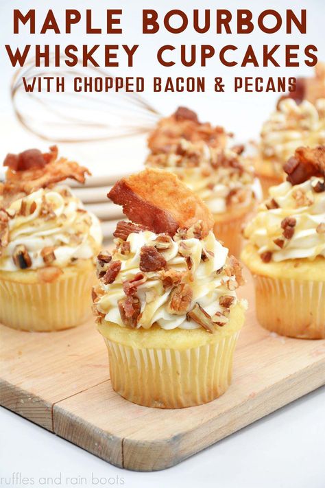 Boozy Cupcakes Recipes, Bourbon Cupcakes, Pecan Cupcakes, Whiskey Caramel, Maple Bacon Cupcakes, Boozy Baking, Bacon Cupcakes, Boozy Cupcakes, Maple Bourbon