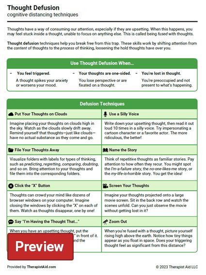 Thought Defusion Techniques (Worksheet) | Therapist Aid Act Defusion Techniques, Cognitive Defusion Techniques, Act Therapy Exercise, Therapist Techniques, Thought Defusion, Defusion Techniques, Act Worksheets, Therapist Aid Worksheets, Cognitive Defusion