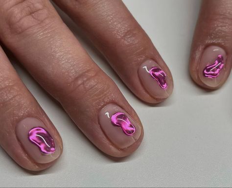 Drop Nails Art, Hot Pink Chrome Nails Designs, Chrome Blob Nails, Pink Nails Chrome, Glazed Nails, 2023 Nail, Pink Chrome Nails, Nails Chrome, Chrome Nail Art