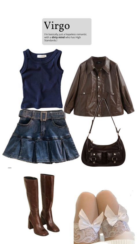 Denim short skirt, navy top, big brown leather jacket, brown boots, bag, white thigh. For our gorgeous virgos Short Denim Skirt Outfits, Brown Skirt Outfit, Virgo Rising, Denim Skirt Outfit, Leather Jacket Brown, Denim Skirt Outfits, Short Denim Skirt, Short Denim, Brown Skirts