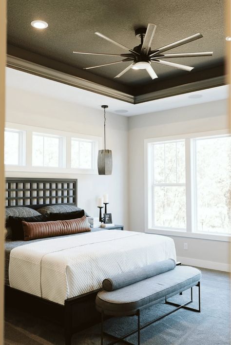 12 Tray Ceiling Ideas to Inspire you! Masculine Bedroom Ceiling Lighting, Master Bedrooms With Trey Ceilings, Masculine Bedroom Grey Headboard, Tray Ceiling Remodel, Wood Plank Tray Ceiling Master Bedrooms, Dark Ceilings Bedroom, Trayed Ceiling Ideas Bedroom, Raised Bedroom Ceiling, White Walls Dark Ceiling Bedroom