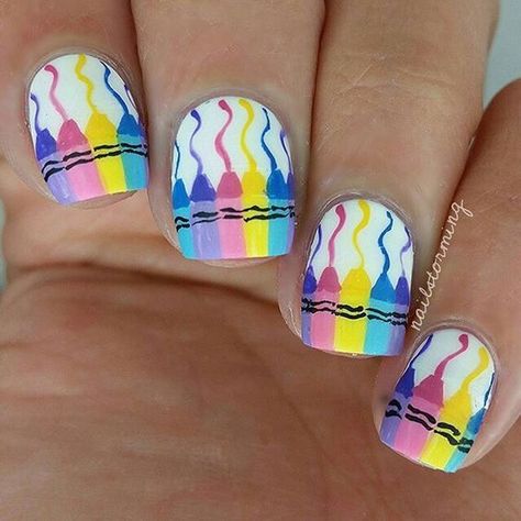 Crayon Nails, Teacher Nails, School Nail Art, Natural Nail Art, Back To School Nails, Easy Nails, School Nails, Nails For Kids, Cute Nail Art