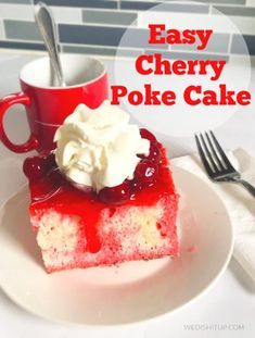 Easy Cherry Poke Cake Cherry Poke Cake, Cheesecake Poke Cake, Yellow Cake Cupcakes, Easy White Cake Recipe, Cherry Chip Cake Mix, Cherry Chip Cake, Cream Cheese Whipped Cream, Poke Cake Jello, Cake Cherry