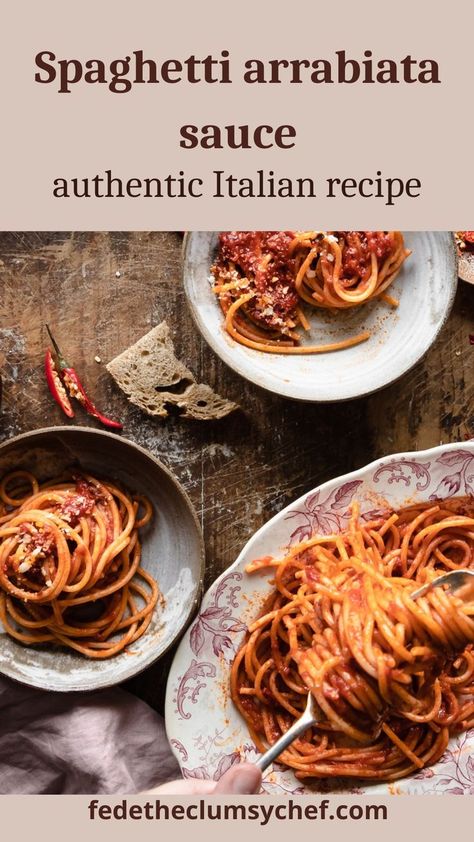 Overhead shot of spaghetti in tomato sauce in bowls Arrabiata Sauce Pasta, Authentic Arrabiata Sauce Recipe, Passata Recipe Dinners, Spaghetti Arrabiata Recipe, Arabiatta Pasta Recipes, Arribita Sauce Recipe, Soups Recipes Healthy, Authentic Italian Spaghetti, Spaghetti Arrabiata