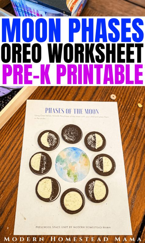 Space Facts For Kids, 8 Phases Of The Moon, Oreo Moon Phases, Shapes Preschool Printables, Worksheet For Preschoolers, Moon Lessons, Preschool Labels, Solar System Activities, Preschool Charts