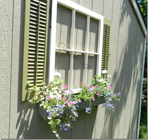 Add a cute window frame and planter box to the side of a shed or garage to make it much cuter! Painted Sheds, Faux Windows, Shed Windows, Shed Makeover, Exterior Houses, Shed Decor, Fake Window, Garage Exterior, Window Box Flowers