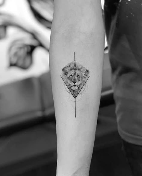 Fine line style mountain triangle tattoo on the right Small Lion Tattoo, Geometric Lion Tattoo, Mens Lion Tattoo, Leo Tattoos, Lion Tattoo Design, Inner Forearm, Small Tattoos For Guys, Badass Tattoos, Memorial Tattoos