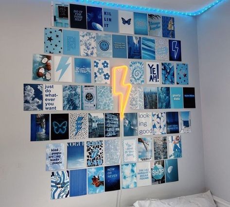 Blue Room Themes, Blue Wall Decor Bedroom, Blue Wall Collage, Wall Photo Collage, Light Blue Rooms, Blue Dorm, Blue Room Decor, Light Blue Walls, Dorm Wall Decor