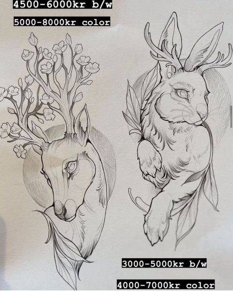 Deer Woman Tattoo, Gothic Rabbit Tattoo, Creepy Rabbit Tattoo, Mythical Animal Tattoo, Deer Skeleton Tattoo, Jackalope Sketch, Hybrid Animals Drawing, Fox Forearm Tattoo, Creature Tattoo Ideas