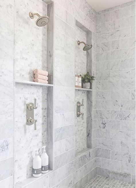 Master Bath With Double Shower Heads, Luxury Built In Bathtub, Double Shower Head With Niche, Bathroom Shower Next To Toilet, Trench Drain Shower Pan, Master Bath Shower Niche Ideas, Bathroom With Two Shower Heads, Showers With Inset Shelves, Ensuite Double Shower Layout