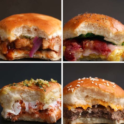 Sliders 4 Ways by Tasty Chicken Parmesan Sliders, Bbq Chicken Sliders, Slider Sandwiches, Breakfast Slider, The Bun, Steak Sandwich, Slider Recipes, Good Eat, Soup And Sandwich