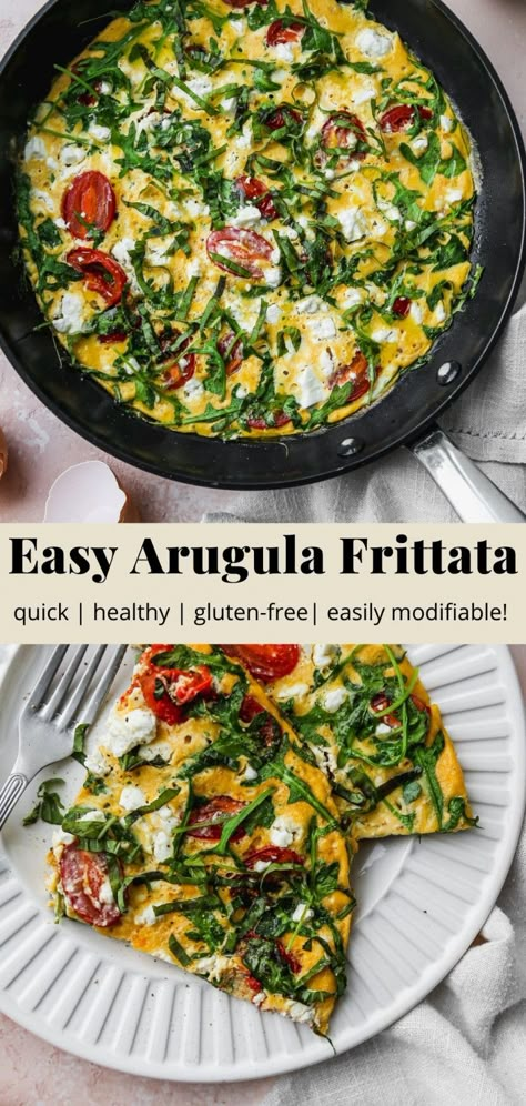 15-Minute Arugula & Tomato Frittata | Walder Wellness, Dietitian (RD) Eggs And Arugula, Tomato Basil Frittata Recipes, Arugula For Breakfast, Eggs Arugula Breakfast, Breakfast With Arugula, Basil Eggs Breakfast, Egg Arugula Breakfast, Basil Breakfast Recipes, Arugala Recipes Breakfast