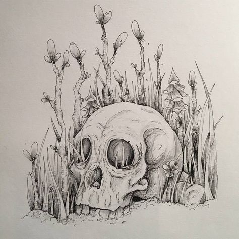 Overgrown Skull Drawing, Decaying Flowers Tattoo, Overgrown Tattoo, Decay Art Gcse, Flower Skull Drawing, Skull Flower Drawing, Overgrown Drawing, Skull Reference Drawing, Skull With Flowers Drawing