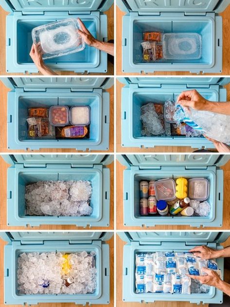 Dry Ice Cooler Camping, How To Pack A Cooler, How To Pack A Cooler For Camping, Pack A Cooler For Camping, Cooler Tricks, Camping Pantry, Pack A Cooler, Portable Meals, Camping Trip Essentials