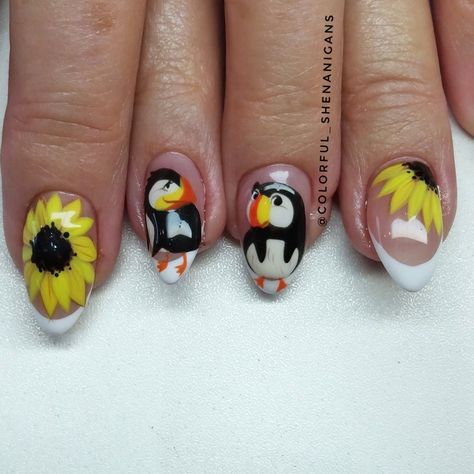 Puffin sunflower nail art design Puffin Nail Art, Fall Fox Nails Designs, Puffin In Bloom Collection, Autumn Fox Nail Art, Sunflower Nail, Sunflower Nail Art, Sunflower Nails, Fall Nails, Hand Painting Art