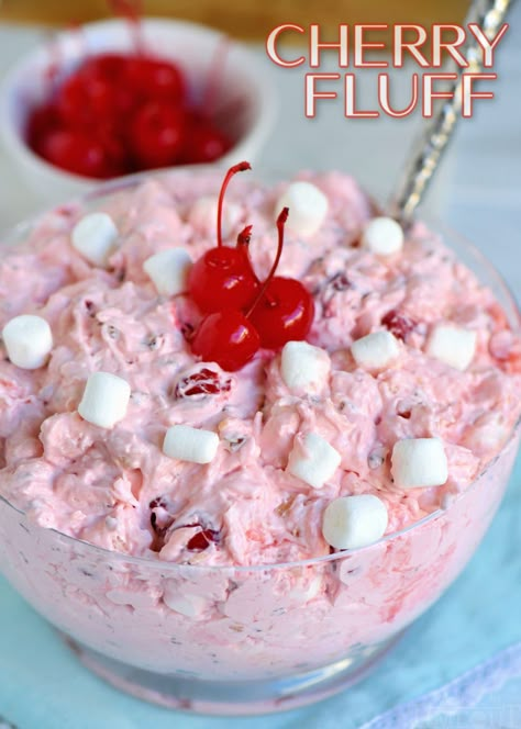 Cherry Fluff dessert salad is one of my favorite cherry recipes!  This easy dump and go salad is perfectly sweet, pretty and pink! Great for potlucks, parties and more! // Mom On Timeout #cherry #dessert #recipe #Christmas #summer #holidays #easy Avani Recipes, Pink Salad, Cherry Fluff, Pistachio Fluff, Cherry Salad, Fluff Salad Recipes, Cherries Salad, Easy Ice Cream Cake, Canning Cherry Pie Filling