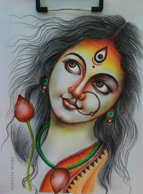 God Pencil Drawing, Goddess Sketch, Maa Durga Painting, Maa Drawing, Parvati Maa, Durga Face, Pastel Drawings Easy, Oil Pastel Drawings Easy, Ma Durga