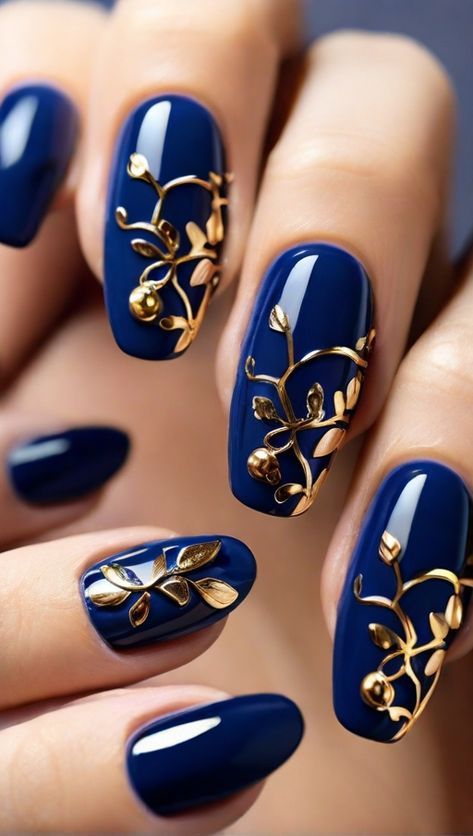 Navy And Gold Nails Design, Royal Blue Marble Nails, Dark Blue And Gold Nails, Blue And Gold Nail Designs, Cny Nails, Blue Gold Nails, Diy Valentine's Nails, Blue Wedding Nails, Statement Nails