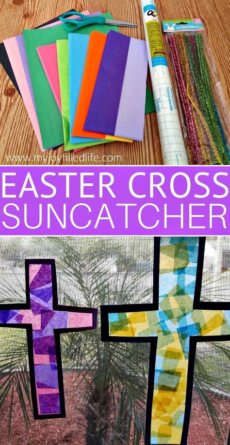 Easter Cross Sun Catcher Craft #easter #eastercraft Easter Suncatcher, Easter Art Projects, Sun Catcher Craft, Catholic Easter, Easter Art Project, Palm Sunday Crafts, Easter Sunday School, Craft Easter, Easter Crafts For Toddlers