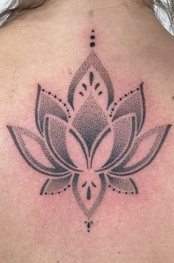 Lotus Flower Face Tattoo, Dot Work Lotus Tattoo, Dot Lotus Tattoo, Indian Lotus Tattoo, Dotting Tattoo Design, Lotus Dotwork Tattoo, Lotus And Mandala Tattoo, Lotus Foot Tattoos For Women, Dot Flower Tattoo