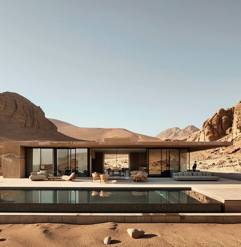 Found peace in this desert villa. The stark beauty of the landscape and the simplicity of the design speak to me. Here, life feels quiet and honest. #DesertVilla #SimpleLiving #PeacefulRetreat #HemingwayVibes #DesertLife #modernarchitecture #interiordesign #slowliving House In Desert, Desert Mansion, Arabic House Design, Dessert Landscape, Desert Villa, Dessert Landscaping, Desert Project, Arabic House, Speak To Me