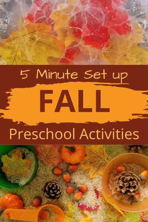 Pin text reads, 5 minute set up fall preschool activities and shows image of 2 of them. Autumn Learning Activities, Autumn Tuff Tray Ideas, Fall Sensory Bin Preschool, Autumn Tuff Tray Ideas Eyfs, Preschool Activities Fall, Autumn Tuff Tray, Easy Fall Activities, Autumn Eyfs Activities, Autumn Eyfs