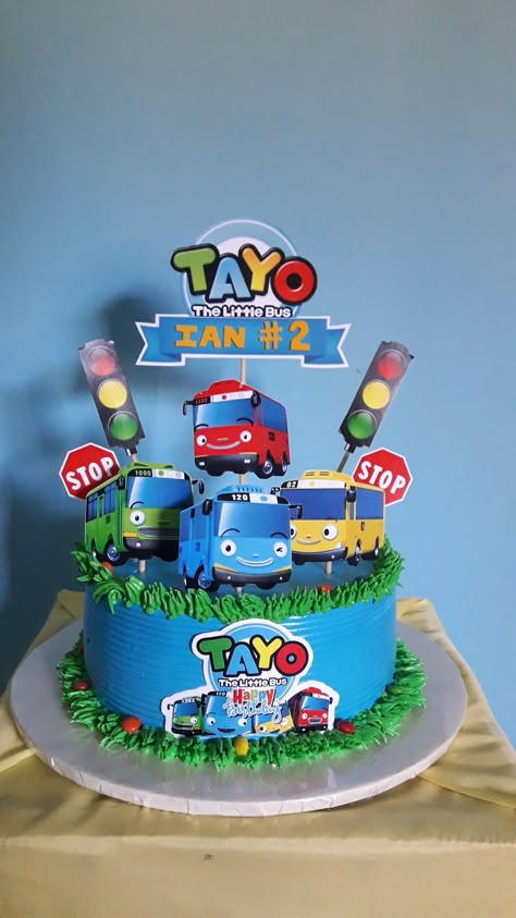 Tayo Bus Birthday Party Ideas, Tayo Birthday Theme, Tayo Birthday Cake Topper, Bus Cake Design, Car Topper Cake, Tayo Cake Ideas, Tayo The Little Bus Birthday Party Ideas, Tayo The Little Bus Birthday Cake, Tayo Birthday Decoration