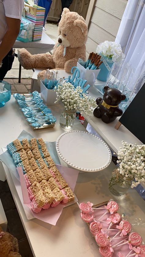 Snack Table Gender Reveal, Gender Reveal Bear Theme Dessert, Bear Theme Gender Reveal Treats, Bear Theme Gender Reveal Cake, Candy Bar Ideas Gender Reveal, Candy Table Gender Reveal, Teddy Bear Gender Reveal Dessert Table, Gender Reveal Cake Table Ideas, Teddy Gender Reveal