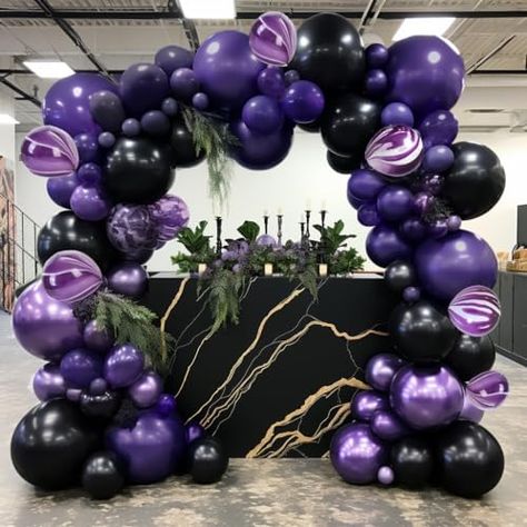 Birthday Purple Theme Decoration, Black Purple Birthday Decor, Purple And Black Balloon Arch, Purple Blue Black Balloon Garland, Vampire Party Decorations, Black And Purple Birthday Decor, Black And Metallic Purple Balloons Wedding, Black Balloon Arch, Black And Metallic Purple Balloons