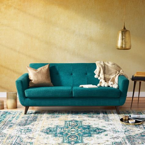 Coaching Office, Home Studio Decor, Therapy Office Ideas, Mid Century Modern Loveseat, Room Revamp, Teal Rug, Modern Loveseat, Therapy Office, School Style