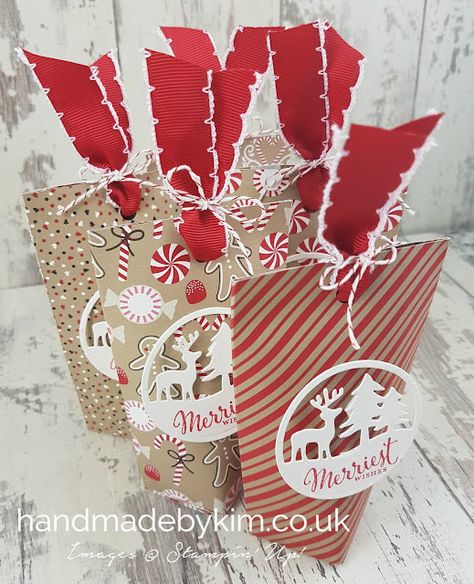 Christmas Treat Bags using 6" x 6" Candy Cane Lane Designer Series Paper by Stampin' Up! | Kim Price Stampin' Up! Demonstrator UK Christmas Candy Wrapping Ideas, 6 X 6 Paper Projects, Christmas Candy Bags Ideas, Diy Christmas Treats, Stampin Up Weihnachten, Christmas Treats Holders, Christmas Treats Boxes, Candy Cane Lane, Christmas Treat Bags