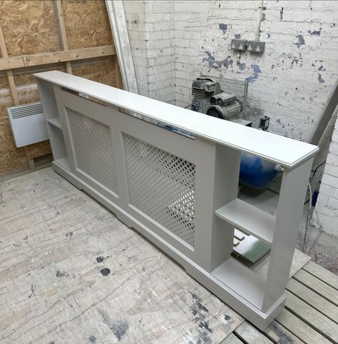 Shoe storage & side shelf radiator covers 🤍 Storage Over Radiator, Radiator Cover Bed Headboard, Shelf Radiator, Diy Radiator Cover, Victorian Radiators, Radiator Shelf, Side Shelf, Radiator Covers, Heater Cover