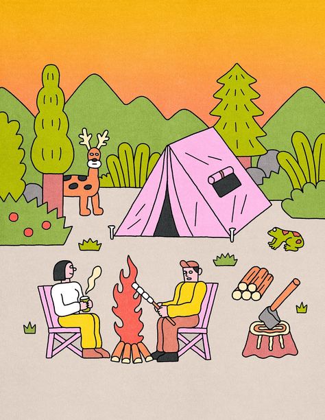 Yanolja | Soña Lee Camping Vector Illustration, Camping Graphic Design, Campfire Illustration, Camp Illustration, Color Doodles, Picnic Illustration, Spring Illustrations, Camping Poster, Book Vector Illustration