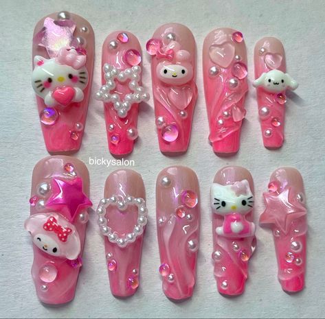 hot pink sanrio coffin press on nails i made for my birthday :3  ig : bickysalon  #sanriocore #sanrionails #hotpinknails #junknails #gyarunails #hellokitty #mymelo #cinnamoroll Hot Pink Outfits, Cinnamoroll Nails, Nails Reference, Sanrio Nails, Hello Kitty Nails Art, Couple Comics, Coquette Makeup, Pink Sanrio, Junk Nails