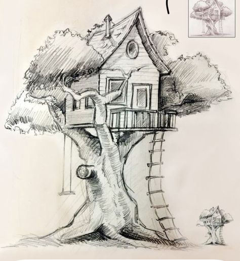 Tree House Drawing, Sick Drawings, House Sketch, Cool Pencil Drawings, Cute Doodle Art, House Drawing, Pencil Art Drawings, Art Drawings Sketches Creative, Sketches Easy