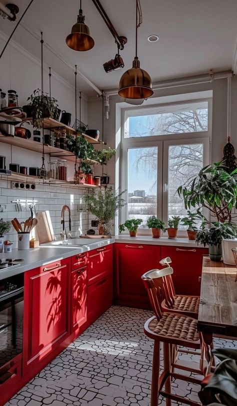 Red Kitchen Interior, Funky Modern Kitchen, Red Aesthetic Kitchen, Red Retro Kitchen, Red Kitchen Aesthetic, Pop Of Red Interior Design, Red And White Kitchen Ideas, Red Accent Kitchen, Kitchen Design Colorful