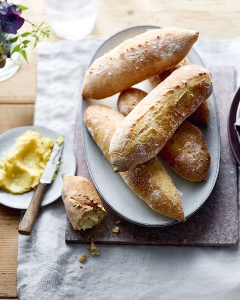 Take your bread game to the next level with this mini baguettes recipe. Expert baker Richard Bertinet's mini baguettes are airy and crisp. Small Baguette Recipe, Food Nanny Baguette Recipe, Breakfast Baguette, Quick Homemade Baguette, No Yeast Baguette Recipe, Recipes For Picnics, Rustic Baguette Recipe, Baguettes Recipe, Richard Bertinet