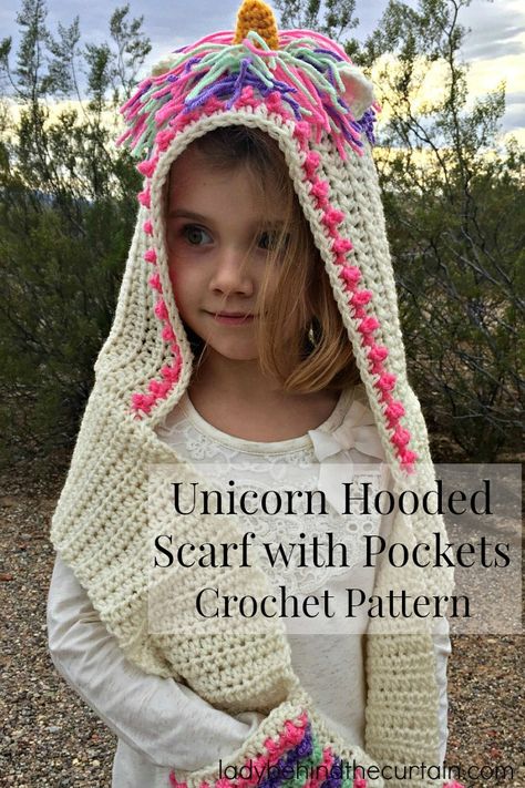 Unicorn Hooded Scarf with Pockets Crochet Pattern | What little girl doesn’t want to dress as a unicorn? Keep ears and fingers nice and warm and be magical! All at the same time. Hooded Scarf With Pockets, Crochet Hooded Scarf Pattern, Crochet Unicorn Blanket, Crochet Unicorn Pattern Free, Crochet Unicorn Hat, Scarf With Pockets, Hooded Scarf Pattern, Crochet Unicorn Pattern, Crochet Hooded Scarf