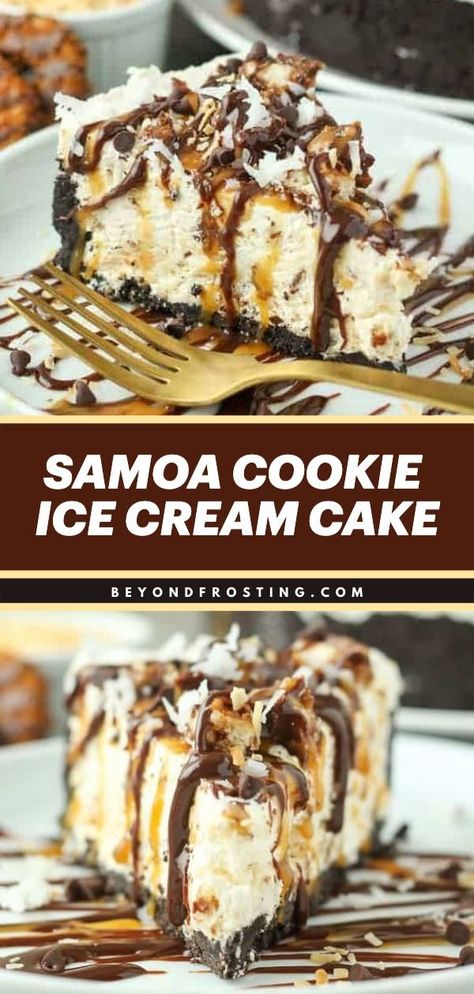 A no-fuss dessert idea! This no-bake treat starts with an Oreo crust. Paired with a caramel and coconut filling stuffed with Samoa cookies, this ice cream cake recipe is nothing short of amazing! Samoa Cookie Cake, Ice Cream Pie With Oreo Crust, Cookie Ice Cream Cake, Samoa Cookies Recipe, Samoa Cake, Possum Pie, Tillamook Ice Cream, Samoa Cookie, Refrigerated Desserts