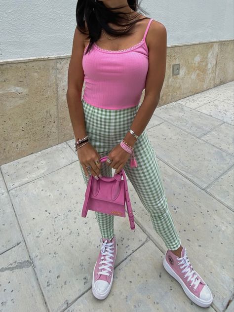 Pink Purse Outfit, Pink Converse Outfit, Green Color Combo, Christian Dior Bracelet, Dior Bracelet, Jacquemus Le Chiquito, Converse Outfit, Purse Outfit, Gingham Pants