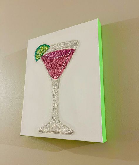 Hand-painted bedazzled cosmo on a 11x14 canvas. If you would like a custom, message me and I can make a different drink, logo, etc! This one is available for purchase now. Gem Pictures Art, Bejeweled Painting, Badazzel Canvas, Gem Art On Canvas, Rhinestone Painting Canvas, Diamond Painting Canvas, Glitter Painting Canvas, Gem Canvas Art, Bedazzled Wall Art