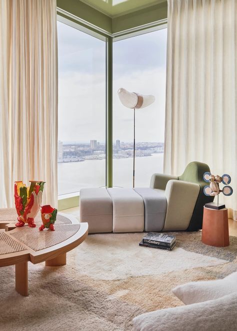 Campbell Brown’s Soaring Manhattan Penthouse Is a Beautiful Interpretation of the Open Floor Plan | Architectural Digest Burled Wood Table, Manhattan Penthouse, Sculptural Furniture, Curated Decor, Custom Sectional, Living Room Bar, Upper West Side, Perfect Foundation, West Side