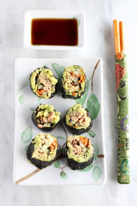 Salmon Sushi Rolls - an AIP, Paleo sushi roll filled with wild-caught salmon, ginger avocado mash, cauliflower rice, and crispy veggies! | fedandfulfilled.com Aip Sushi, Paleo Sushi, Salmon Sushi Rolls, Sweets For Diabetics, Turmeric Cauliflower, Aip Paleo Recipes, Japanese Desserts, Salmon Sushi, Paleo Food