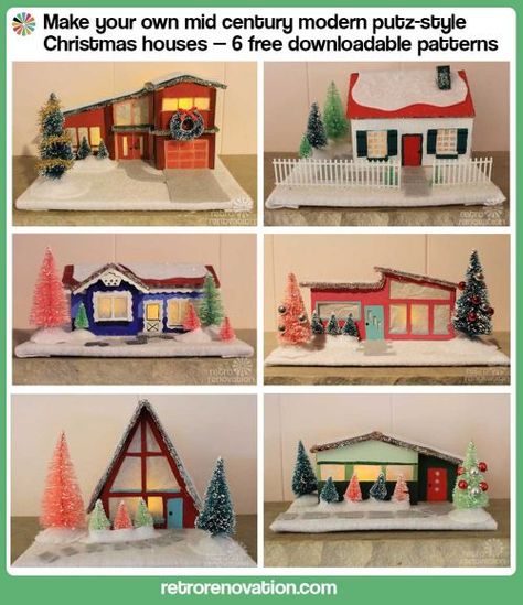 Create a village of six mid century modern Christmas putz houses Christmas Putz Houses, Putz House, Mid Century Modern Christmas, Diy Christmas Village, House Template, Houses Ideas, Christmas Village Houses, Retro Renovation, Glitter Houses