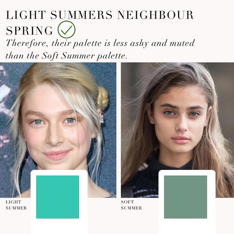 Light Summer VS Soft Summer as requested by you 🤍 . #coloranalysis #colouranalysis #softsummer #lightsummmer #coloranalyst #hunterschafer #taylorhill Summer Colour Analysis, Summer Undertone, Light Summer Color Palette, Soft Summer Palette, Soft Summer Color Palette, Color Seasons, Old Celebrities, Soft Summer Colors, Summer Coloring