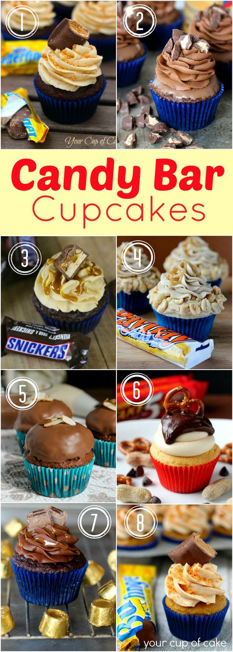 Halloween Round Up & Candy Bar Cupcakes - Your Cup of Cake Halloween Cupcake Flavor Ideas, Candy Bar Cupcakes Ideas, Butterfinger Cupcakes, 16 Cupcakes, Candy Bar Cupcakes, Snickers Cupcakes, Snicker Cupcakes, Gf Cake, Cupcake Bar