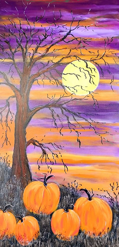 Halloween Sky Painting, Fall Pallet Painting Ideas, Cottage Core Painting Ideas Easy, Autumn Painting Ideas On Canvas, Easy Pumpkin Paintings, Simple Autumn Painting, September Painting Ideas, Autumn Painting Ideas Easy, Halloween Canvases